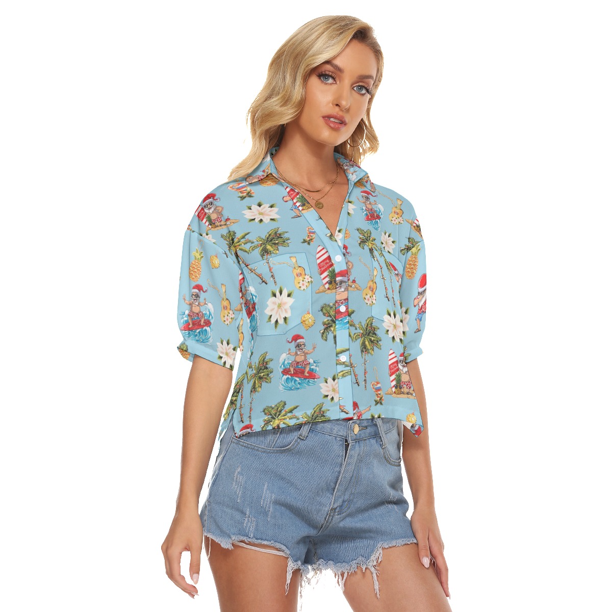 Santa Surfing Blue Hawaiian Crop Top Shirt For Women