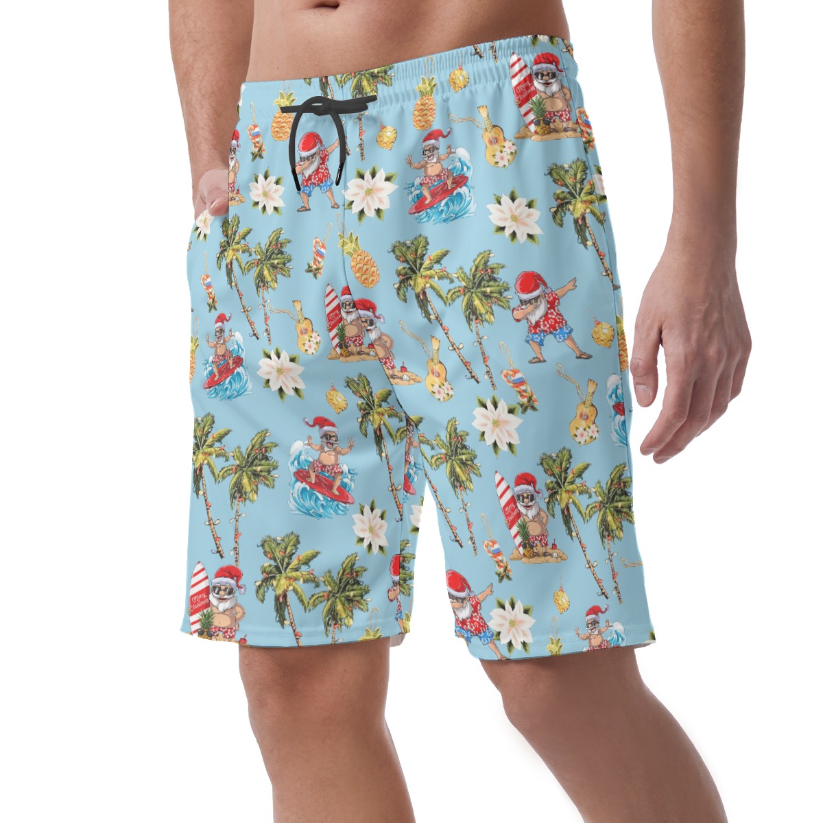 Funny Santa Surfing Blue Hawaiian Beach Shorts For Men