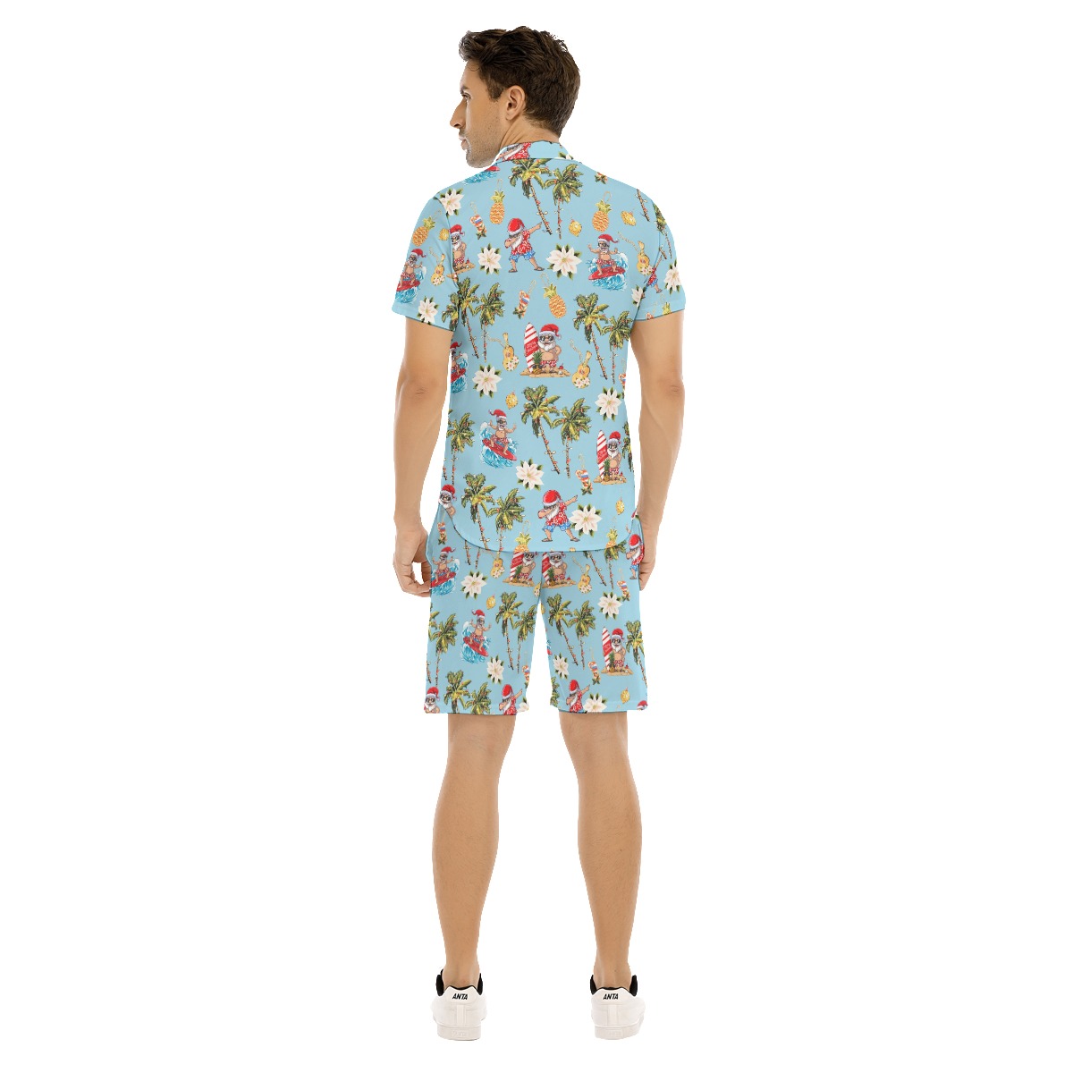 Set Christmas Santa Surfing Aloha Shirt And Shorts For Men
