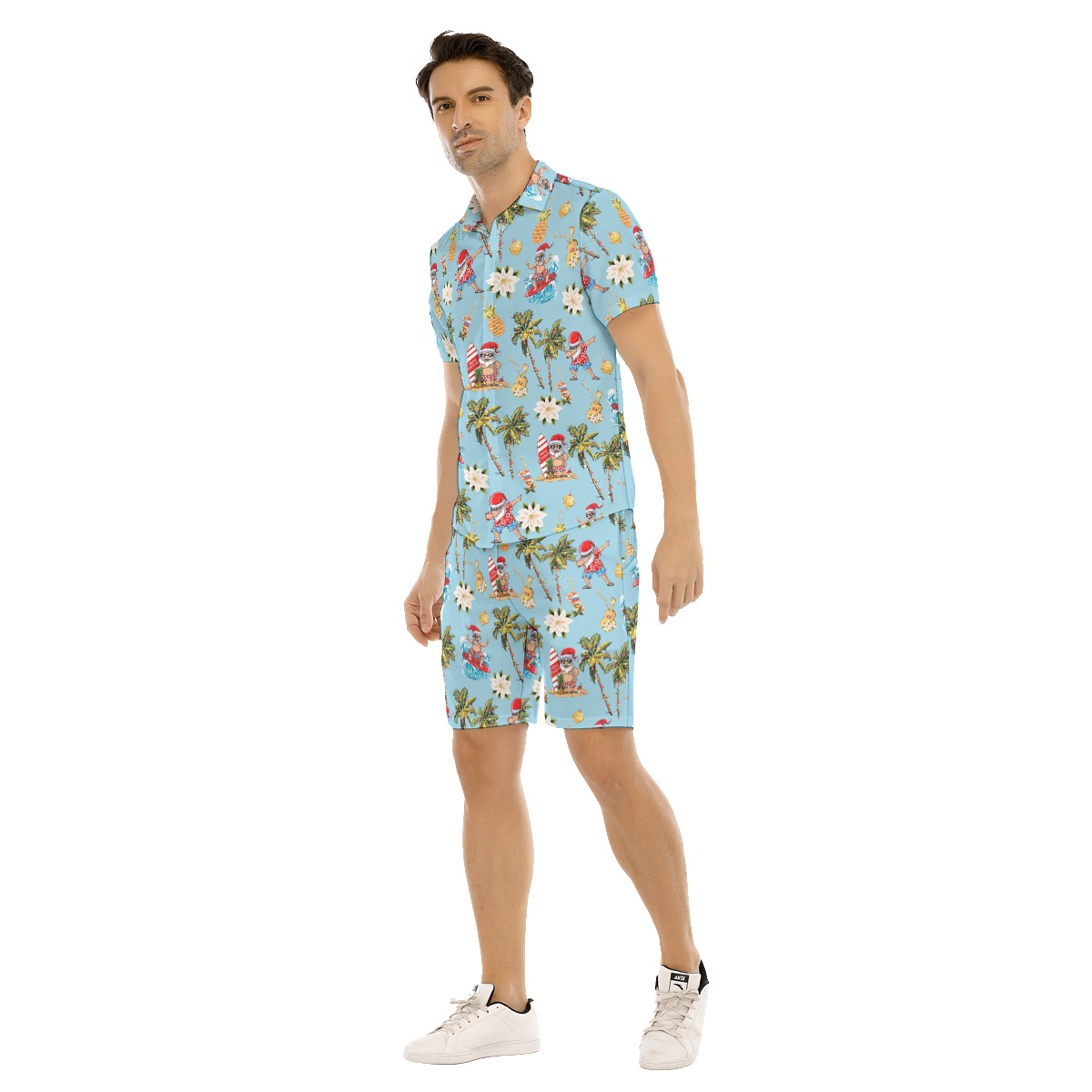 Set Christmas Santa Surfing Aloha Shirt And Shorts For Men