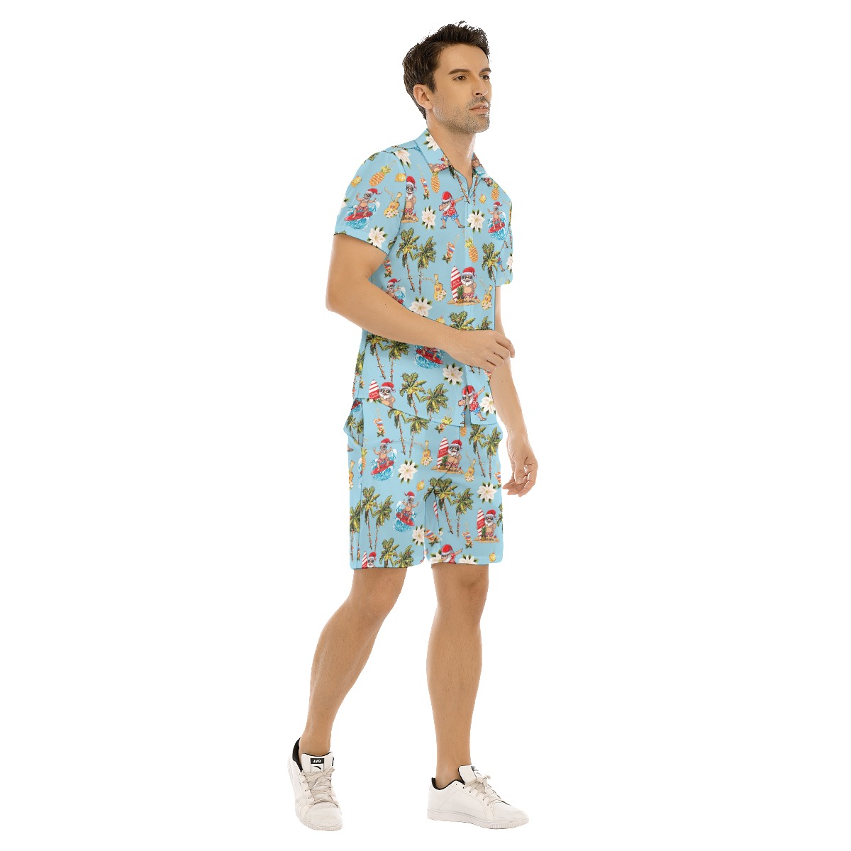 Set Christmas Santa Surfing Aloha Shirt And Shorts For Men