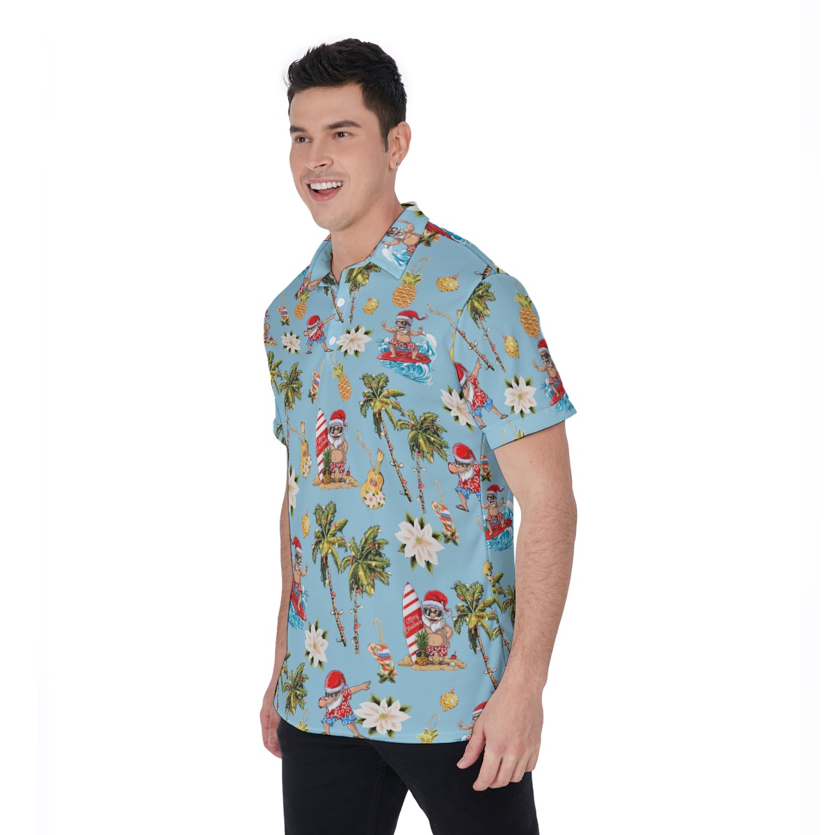 Christmas Santa Surfing Aloha Polo Shirt For Men