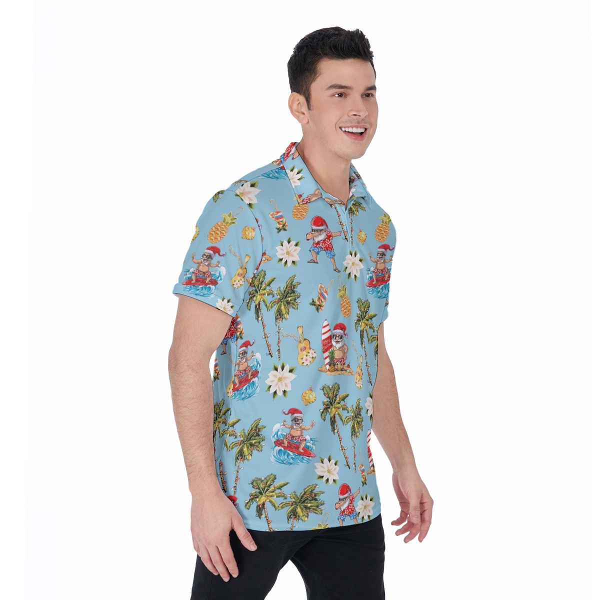 Christmas Santa Surfing Aloha Polo Shirt For Men
