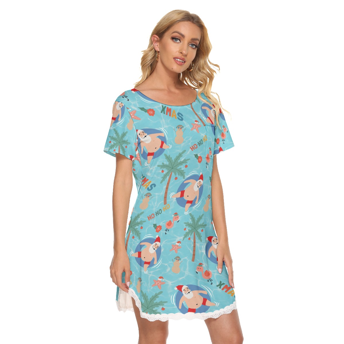 Santa Christmas Hawaiian Dress With Lace