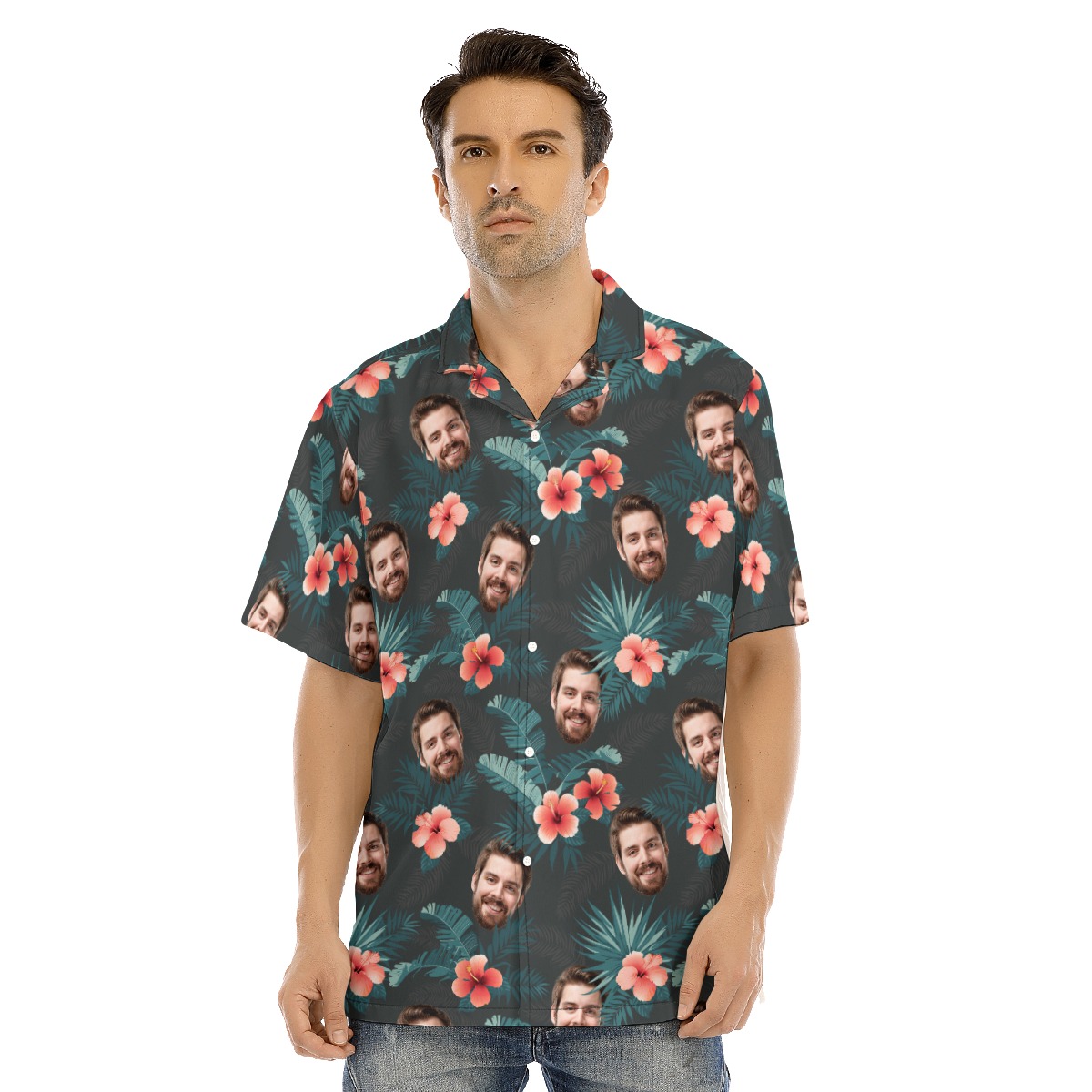 Custom Face Aloha Button Up Men Shirt with Tropical Forest Pattern - variant image 1