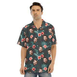 Custom Face Aloha Button Up Men Shirt with Tropical Forest Pattern