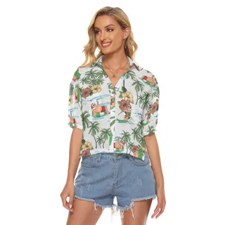 Santa Claus Surfing Hawaiian V-Neck Shirt For Women