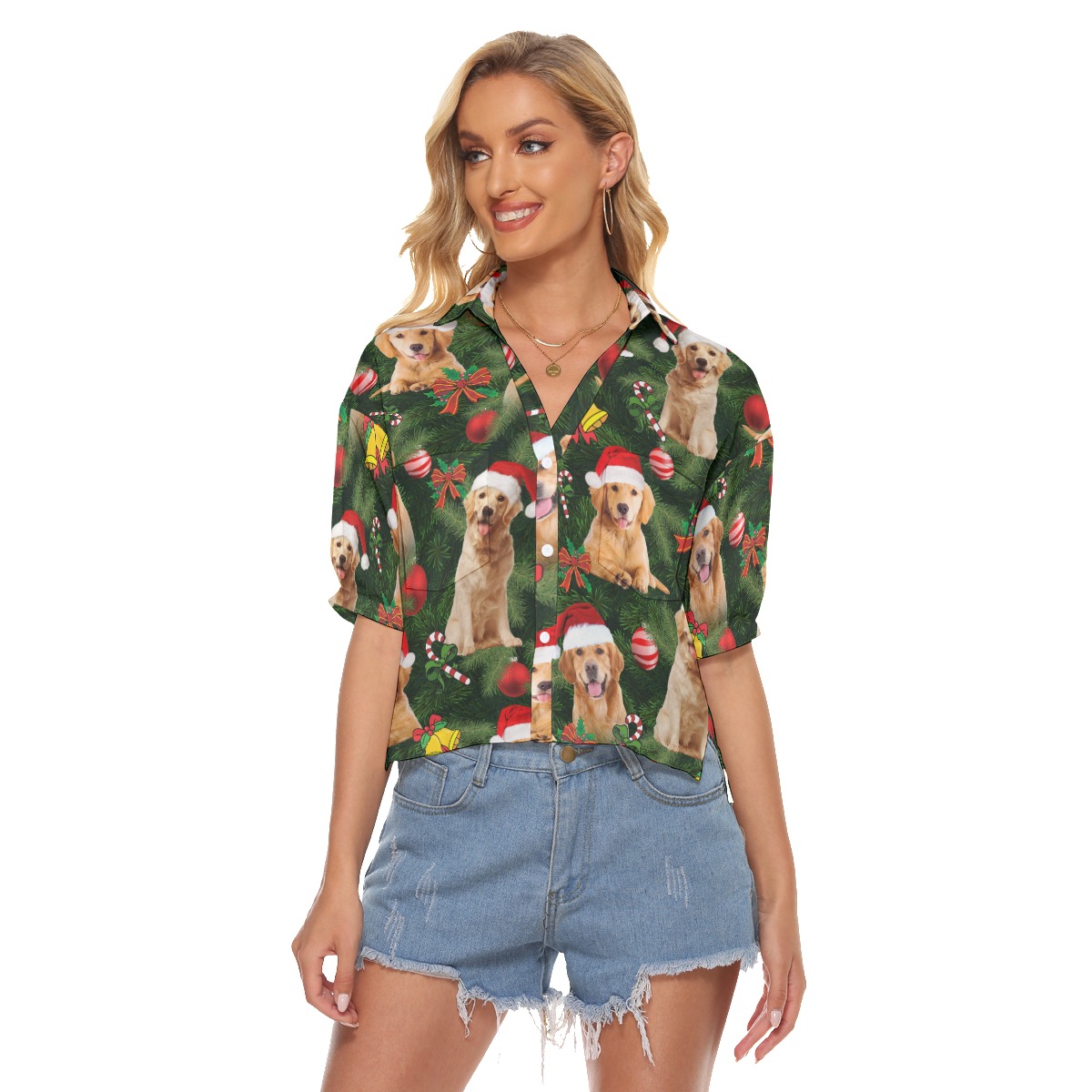 Golden Retriever Christmas V-Neck Shirt For Women - variant image 1