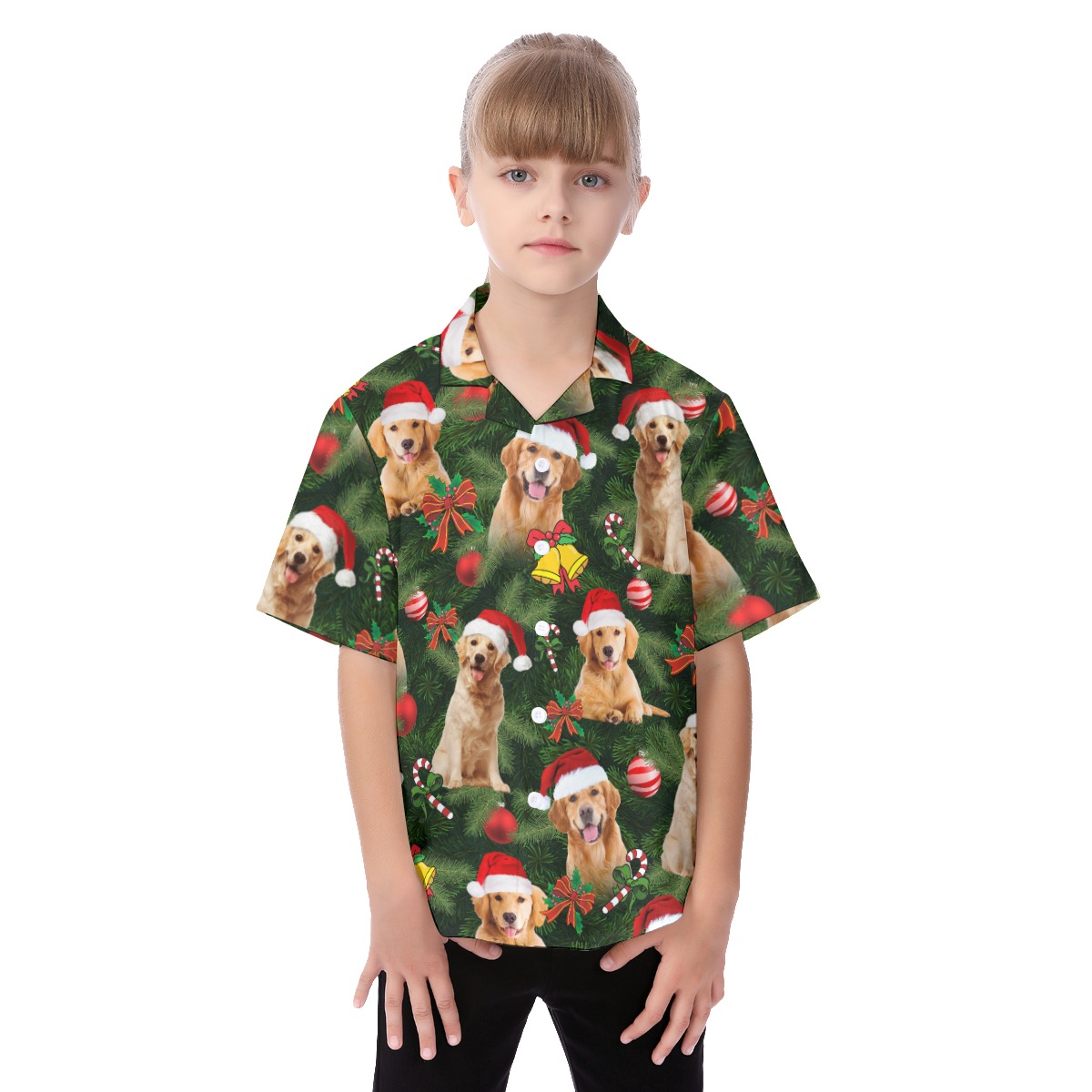 Golden Retriever Christmas Button Up Tropical Shirt For Kids - variant image 1