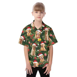 Golden Retriever Christmas Button Up Tropical Shirt For Kids