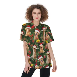 Golden Retriever Christmas Short Sleeve Button Hawaiian Shirt For Women
