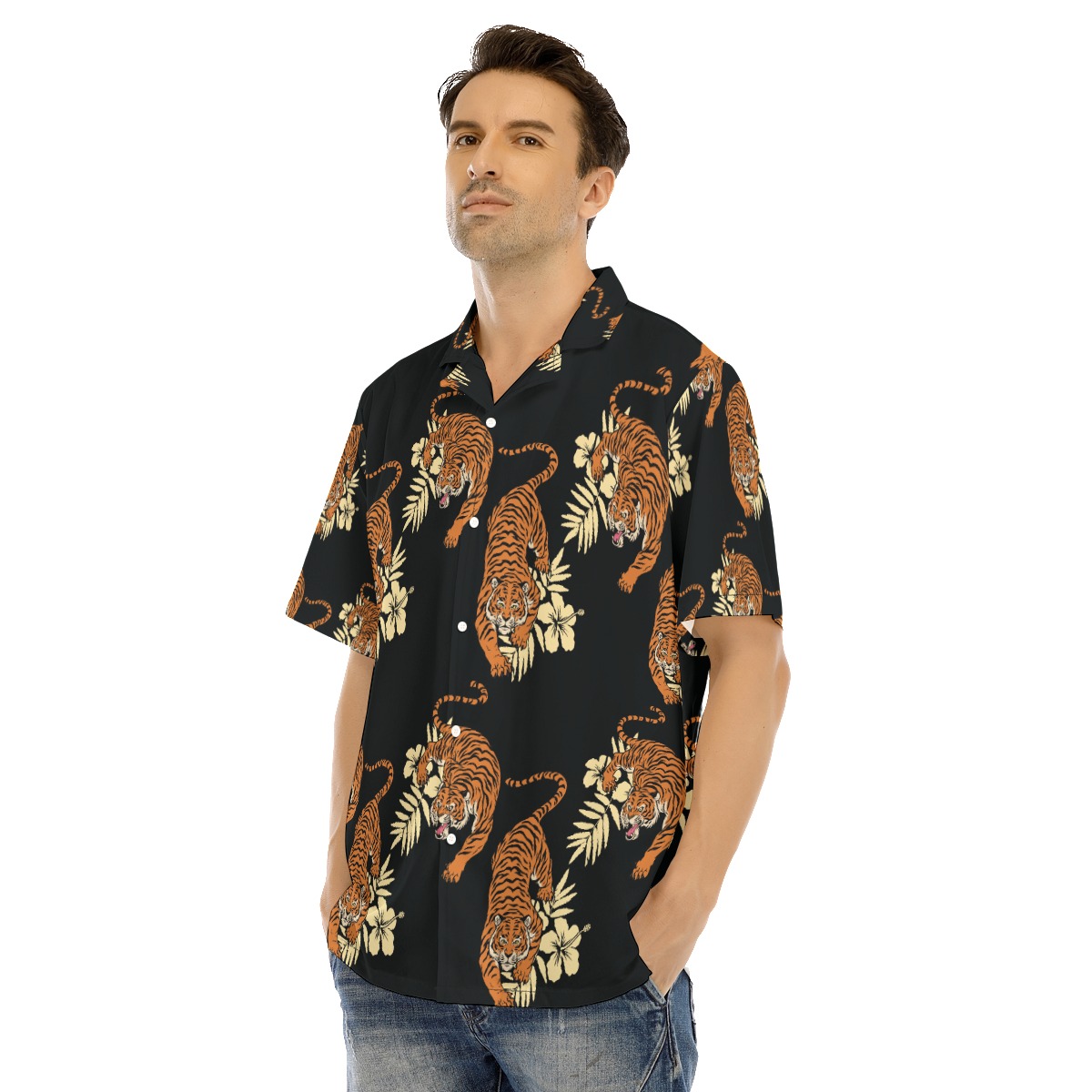 Tiger Floral Button Up Beach Shirt