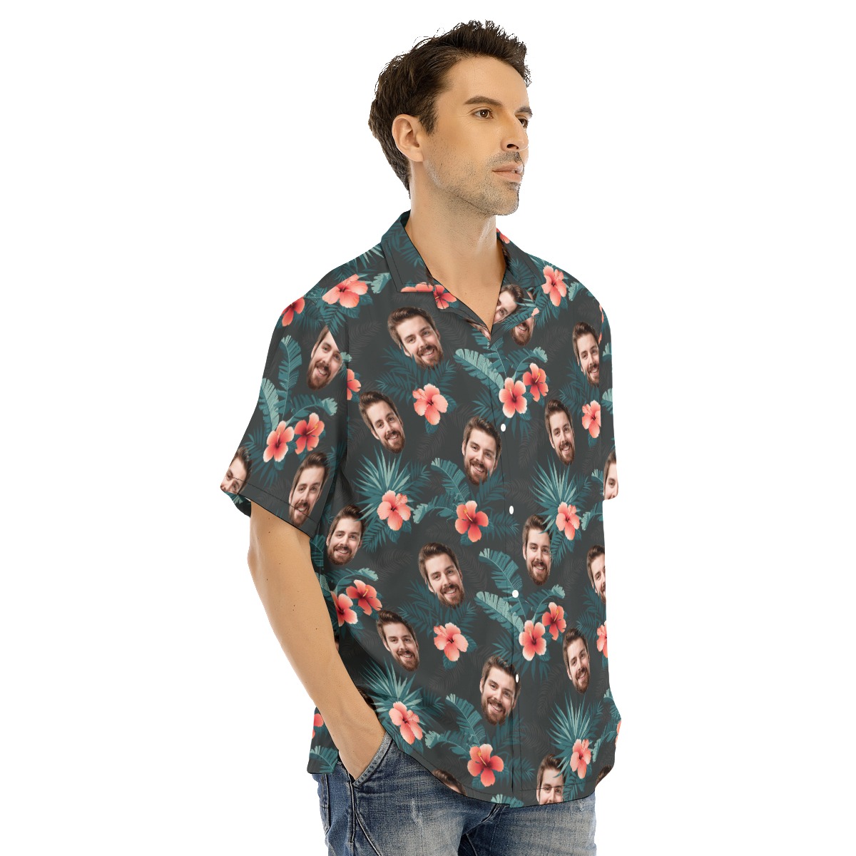 Custom Face Aloha Button Up Men Shirt with Tropical Forest Pattern