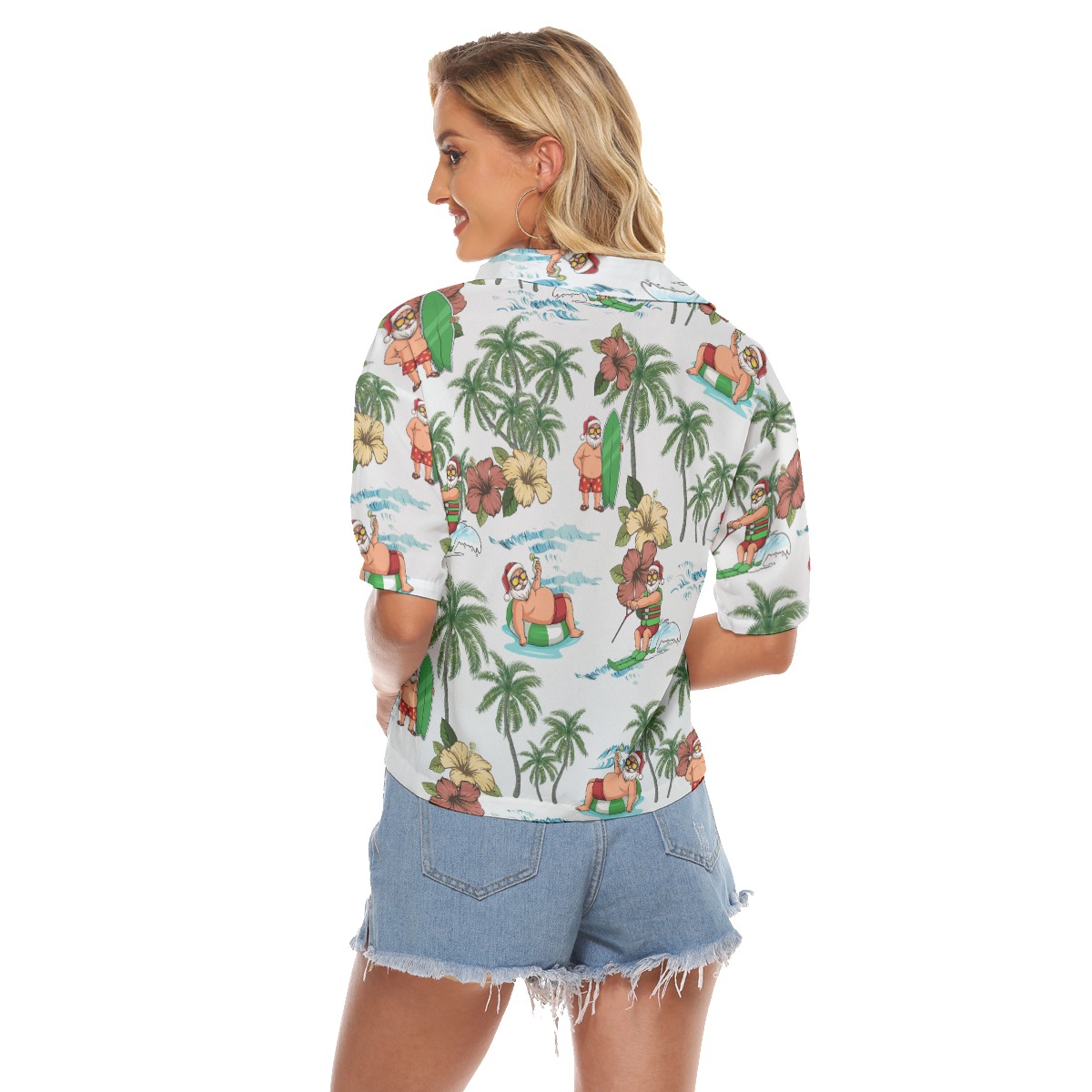 Santa Claus Surfing Hawaiian V-Neck Shirt For Women