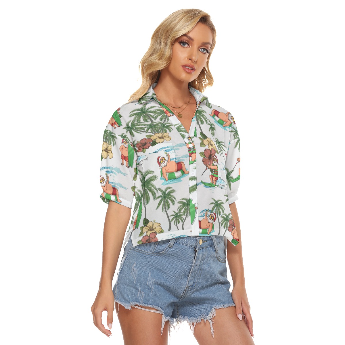 Santa Claus Surfing Hawaiian V-Neck Shirt For Women