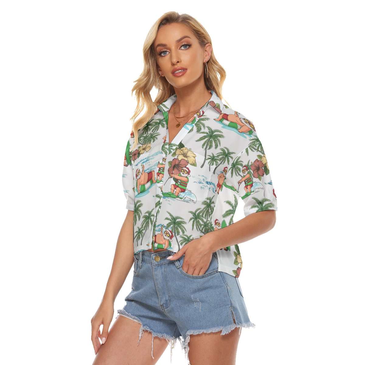 Santa Claus Surfing Hawaiian V-Neck Shirt For Women