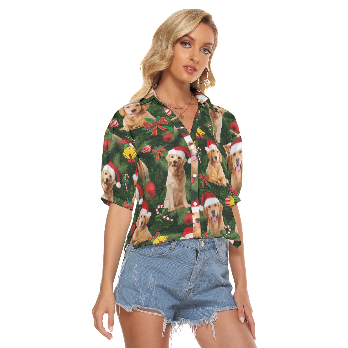 Golden Retriever Christmas V-Neck Shirt For Women