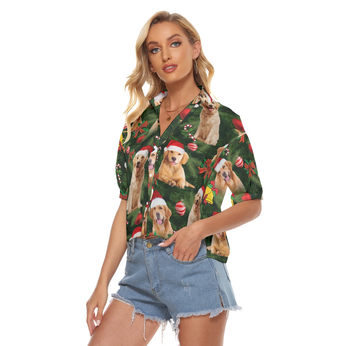 Golden Retriever Christmas V-Neck Shirt For Women