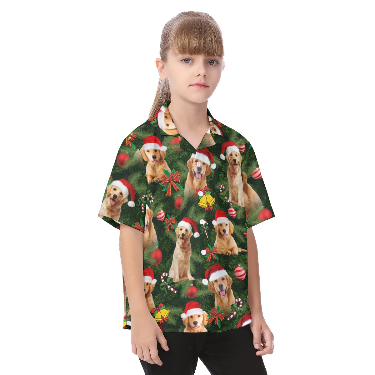 Golden Retriever Christmas Button Up Tropical Shirt For Kids