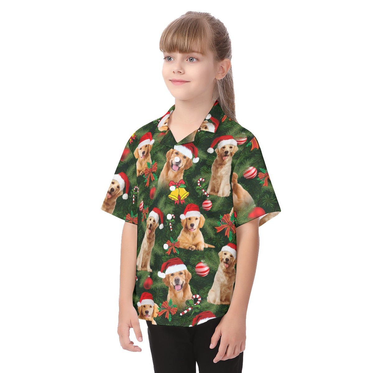 Golden Retriever Christmas Button Up Tropical Shirt For Kids