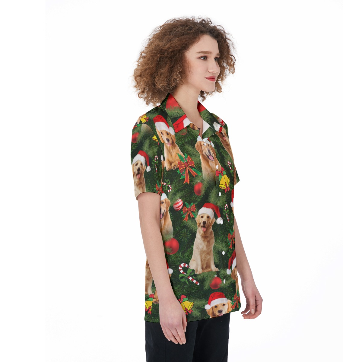 Golden Retriever Christmas Short Sleeve Button Hawaiian Shirt For Women