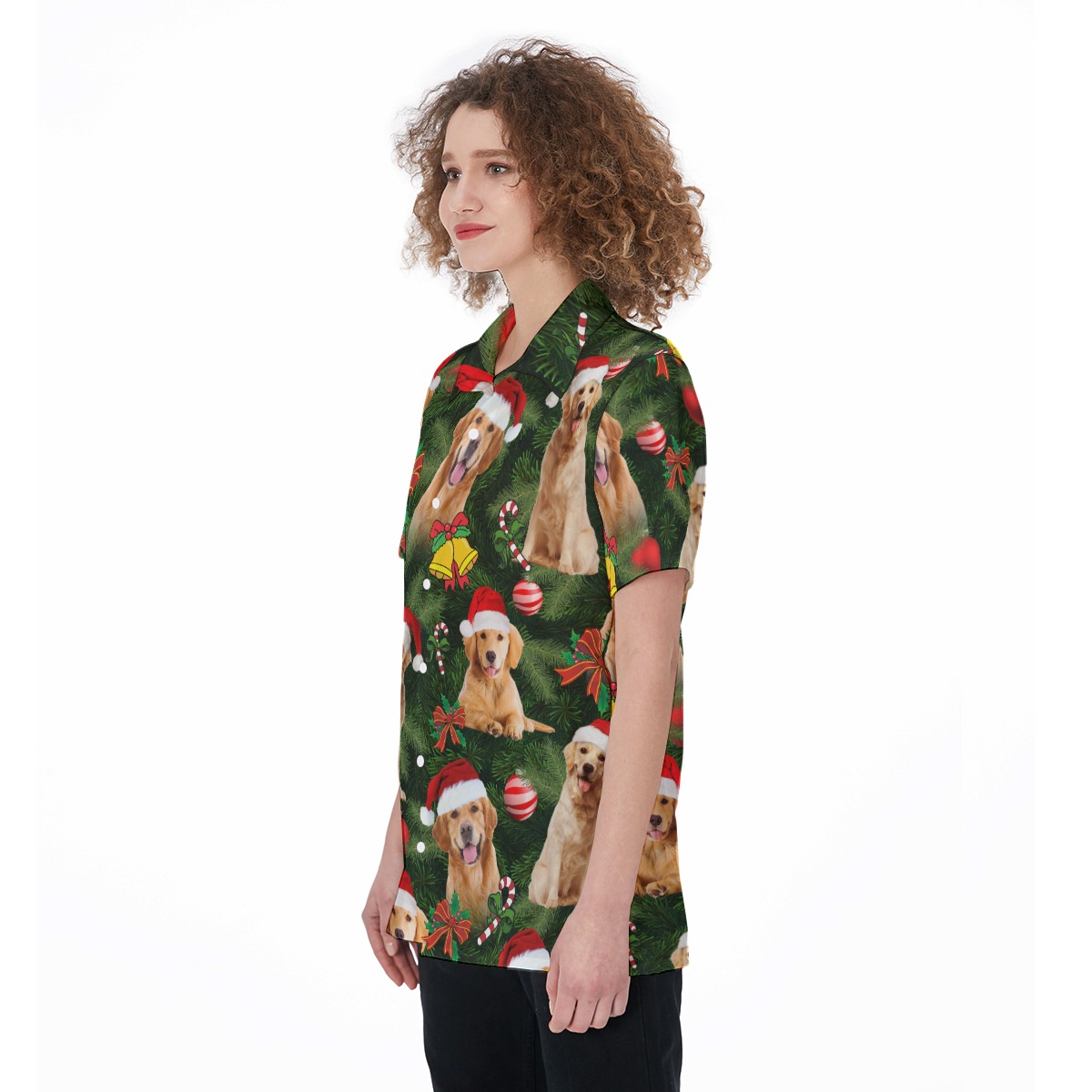 Golden Retriever Christmas Short Sleeve Button Hawaiian Shirt For Women