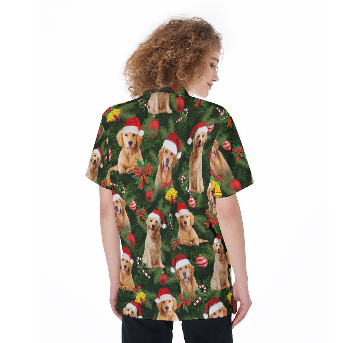 Golden Retriever Christmas Short Sleeve Button Hawaiian Shirt For Women