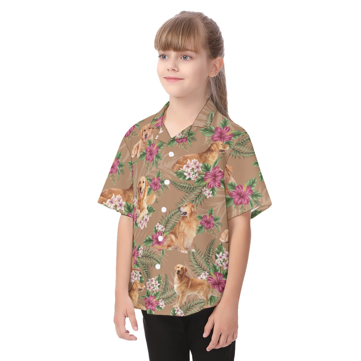 Golden Retriever Button Up Tropical Shirt For Kids