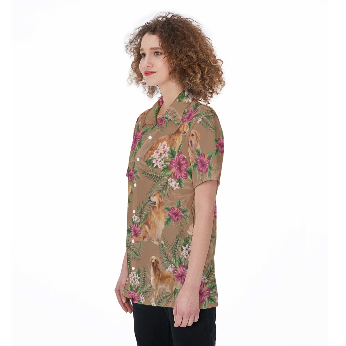 Golden Retriever Tropical Short Sleeve Button Hawaiian Shirt For Women