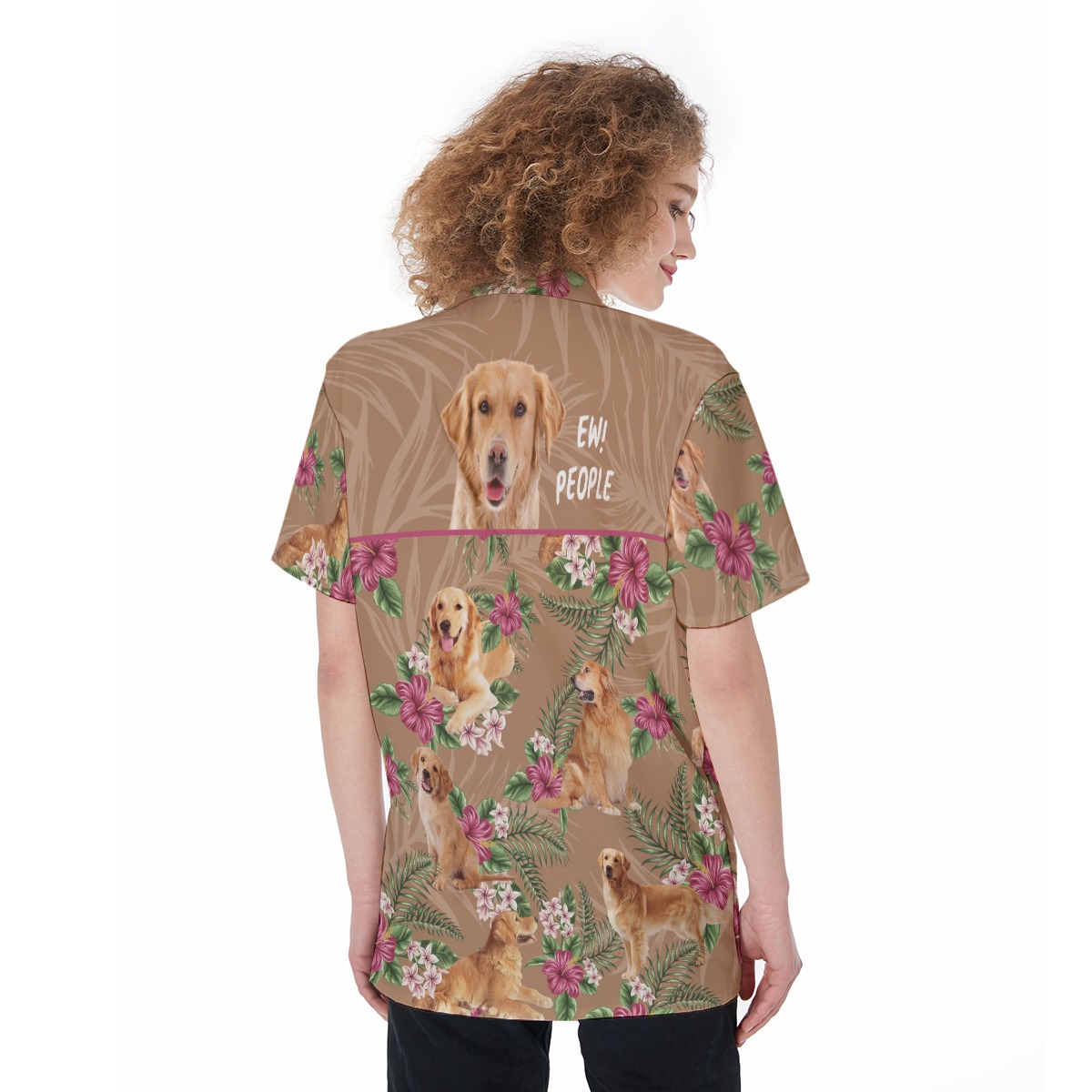 Golden Retriever Tropical Short Sleeve Button Hawaiian Shirt For Women