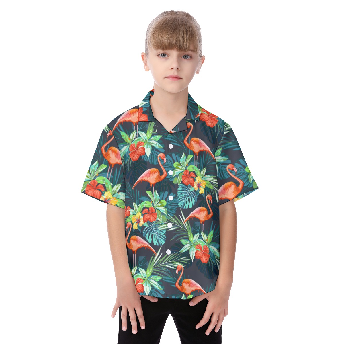 Flamingo Hawaiian Button Up Shirt For Kids - variant image 1