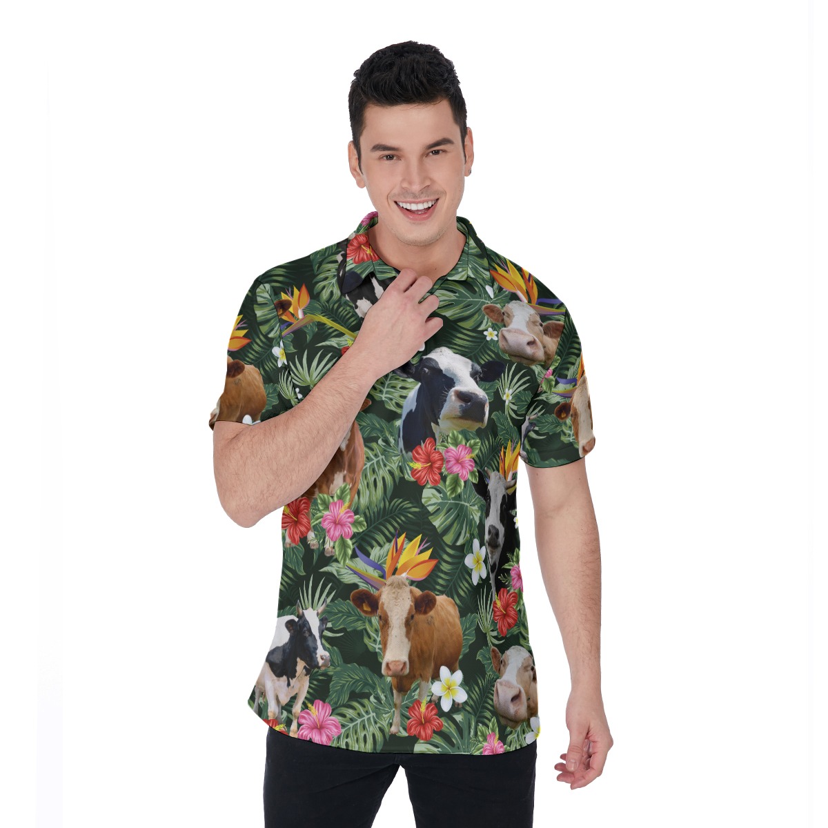 Tropical Cow Hawaiian Polo Shirt For Men - variant image 1