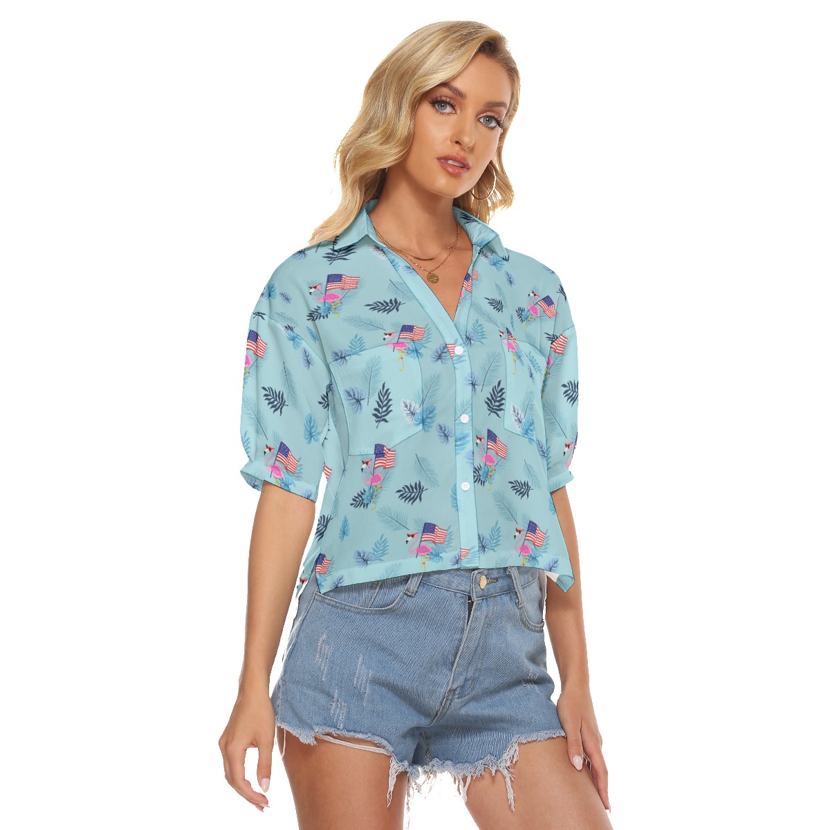 Flamingo American Flag Hawaiian Crop Top For Women