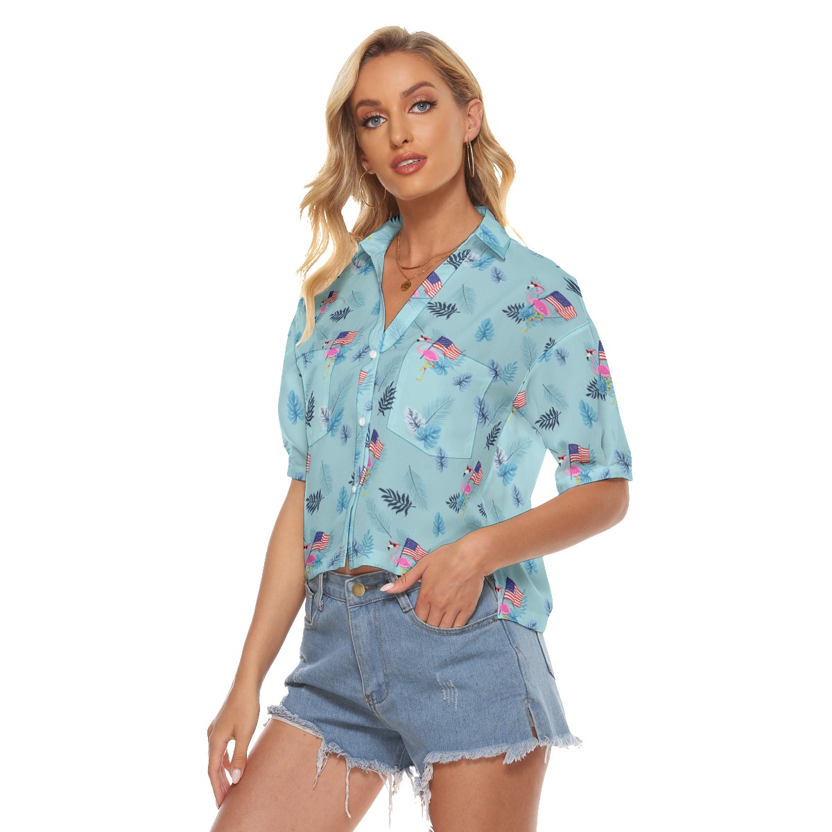 Flamingo American Flag Hawaiian Crop Top For Women