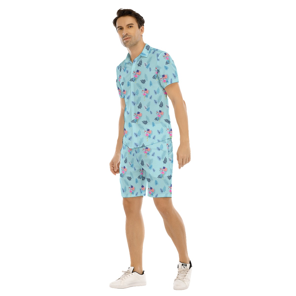 Flamingo American Flag Aloha Shirt And Shorts For Men