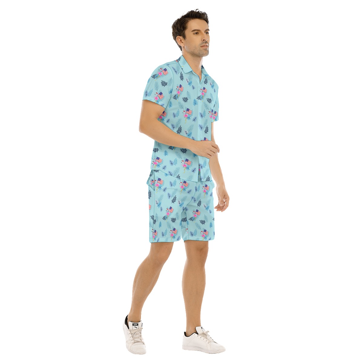 Flamingo American Flag Aloha Shirt And Shorts For Men