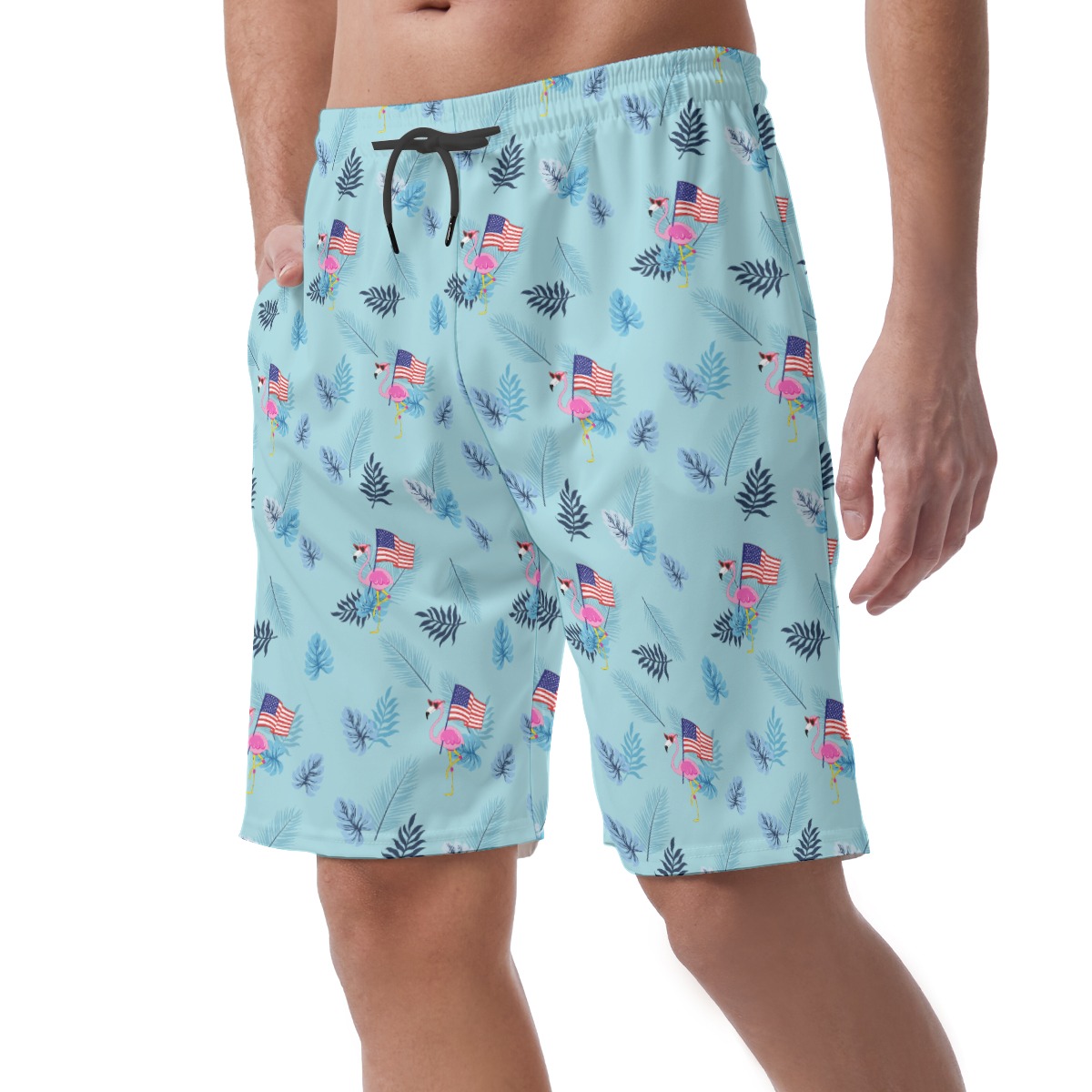 Flamingo American Flag Hawaiian Board Shorts For Men