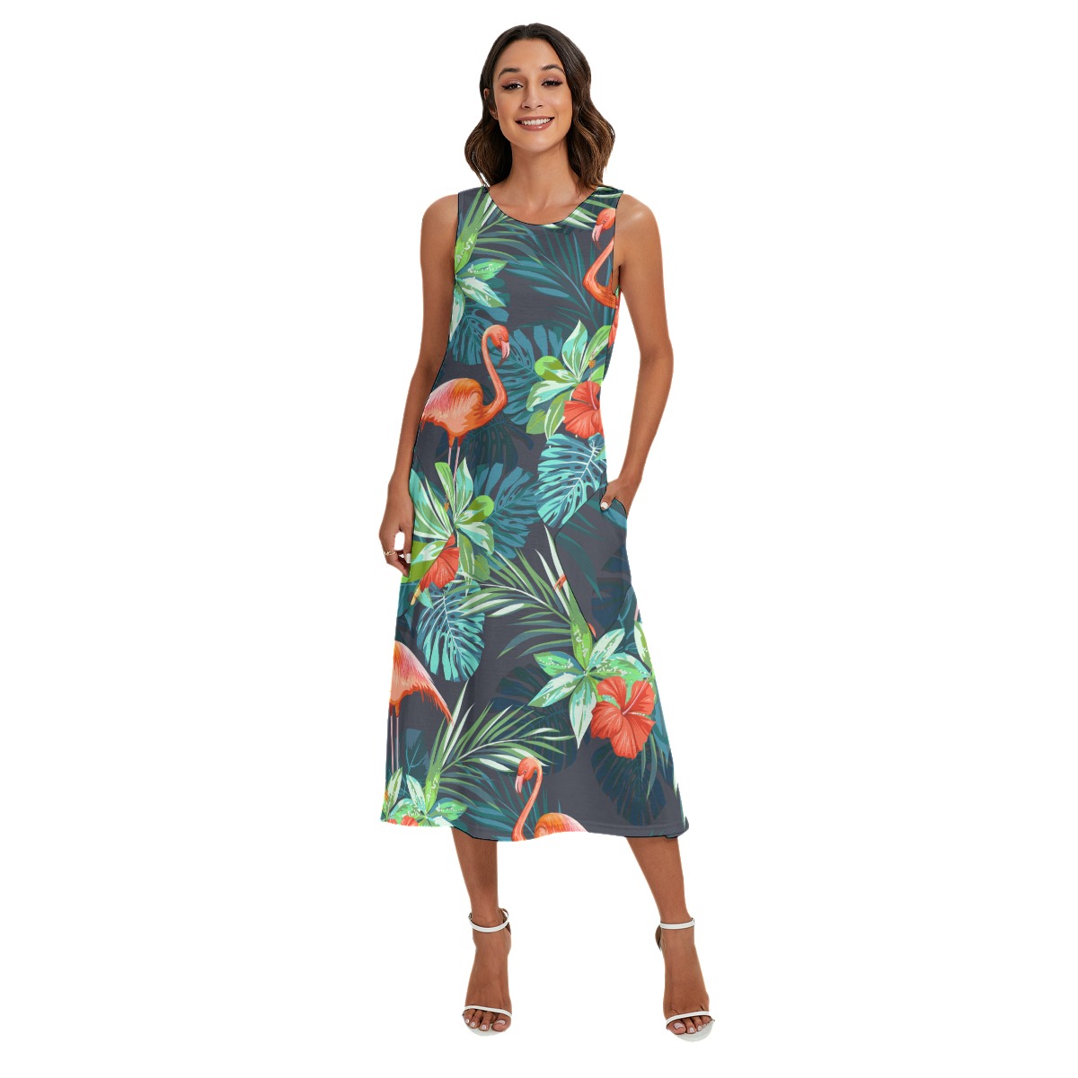 Tropical Flamingo Long Hawaiian Dress For Vacation