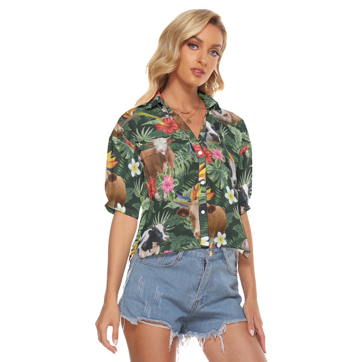 Tropical Cow Hawaiian V-Neck Shirt For Women