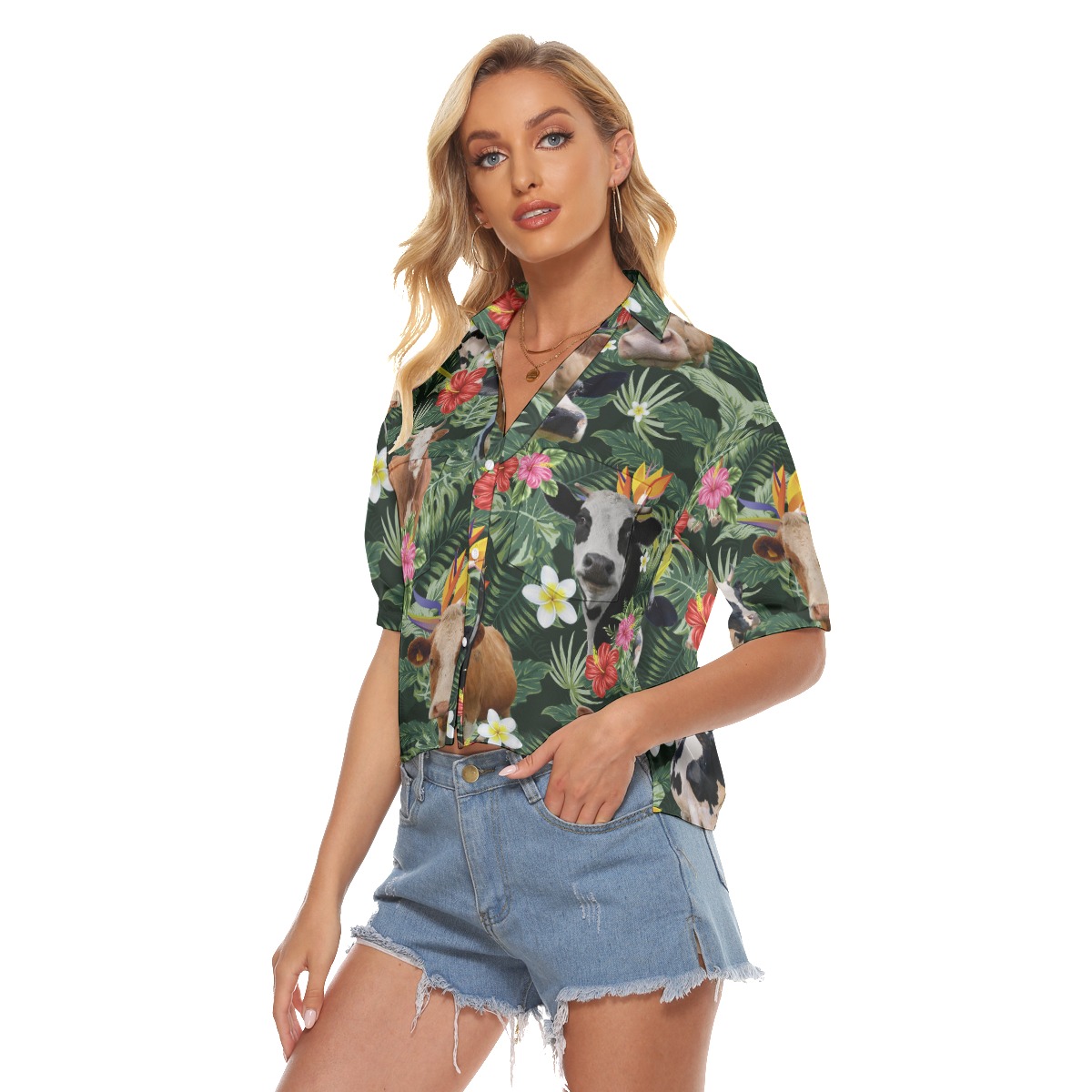 Tropical Cow Hawaiian V-Neck Shirt For Women