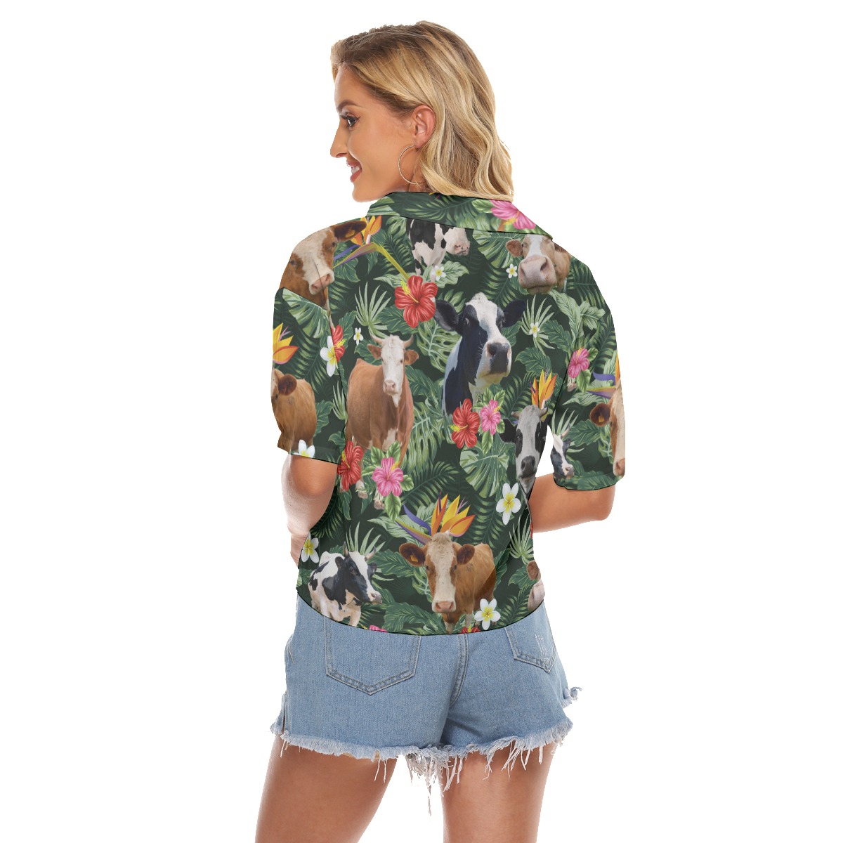 Tropical Cow Hawaiian V-Neck Shirt For Women