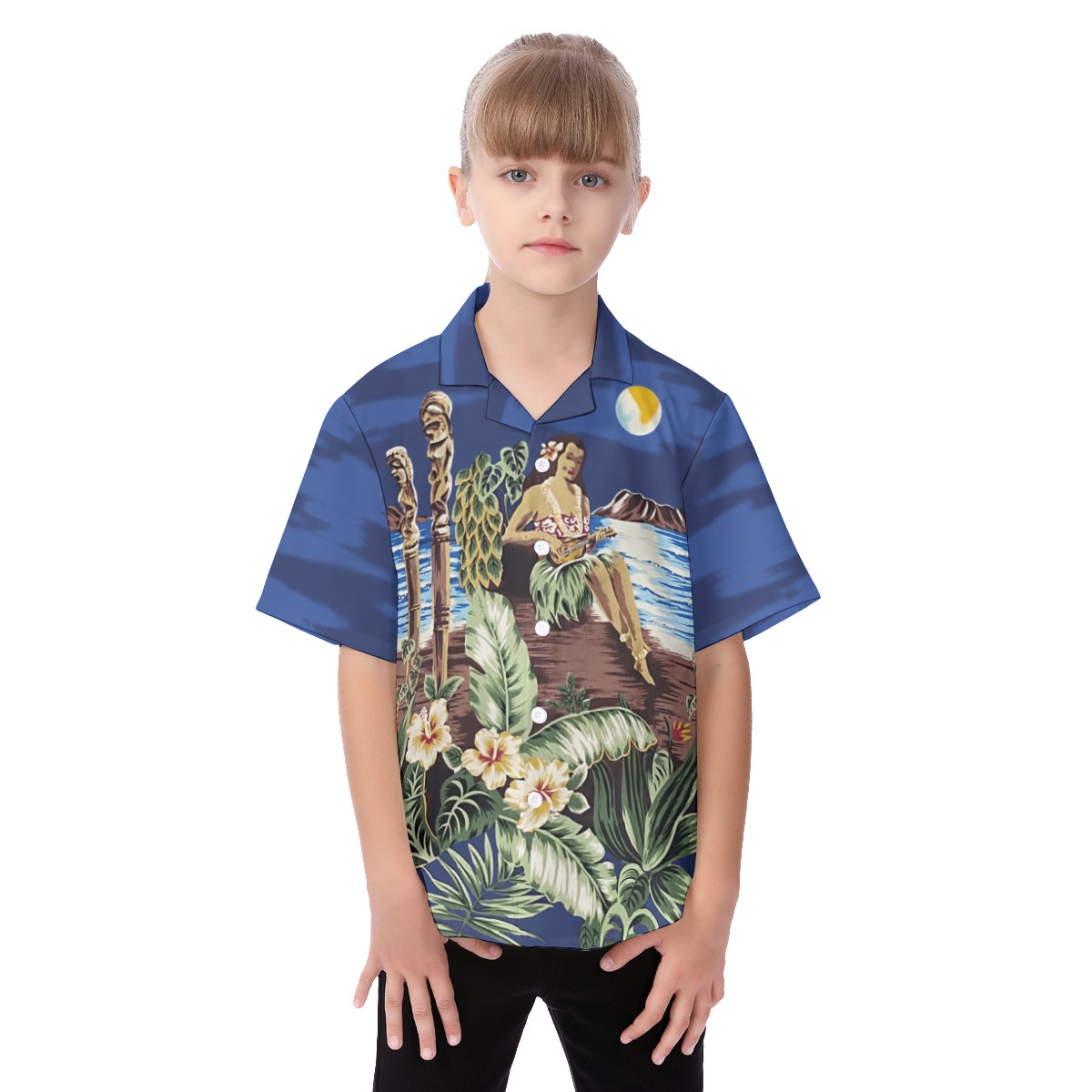 Blue Hula Girl Button Up Aloha Shirt For Kids - variant image 1