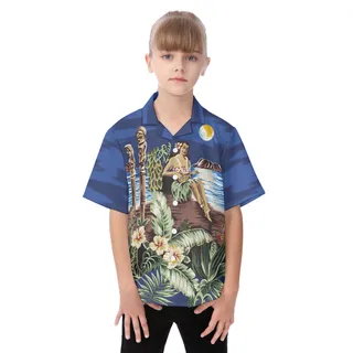 Blue Hula Girl Button Up Aloha Shirt For Kids