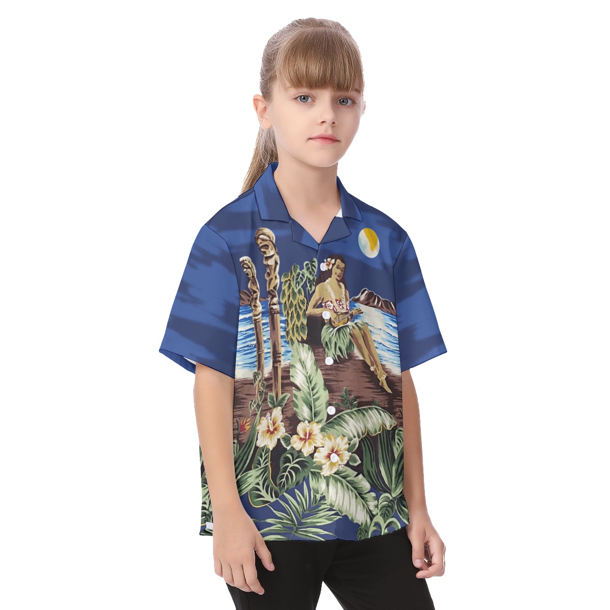 Blue Hula Girl Button Up Aloha Shirt For Kids