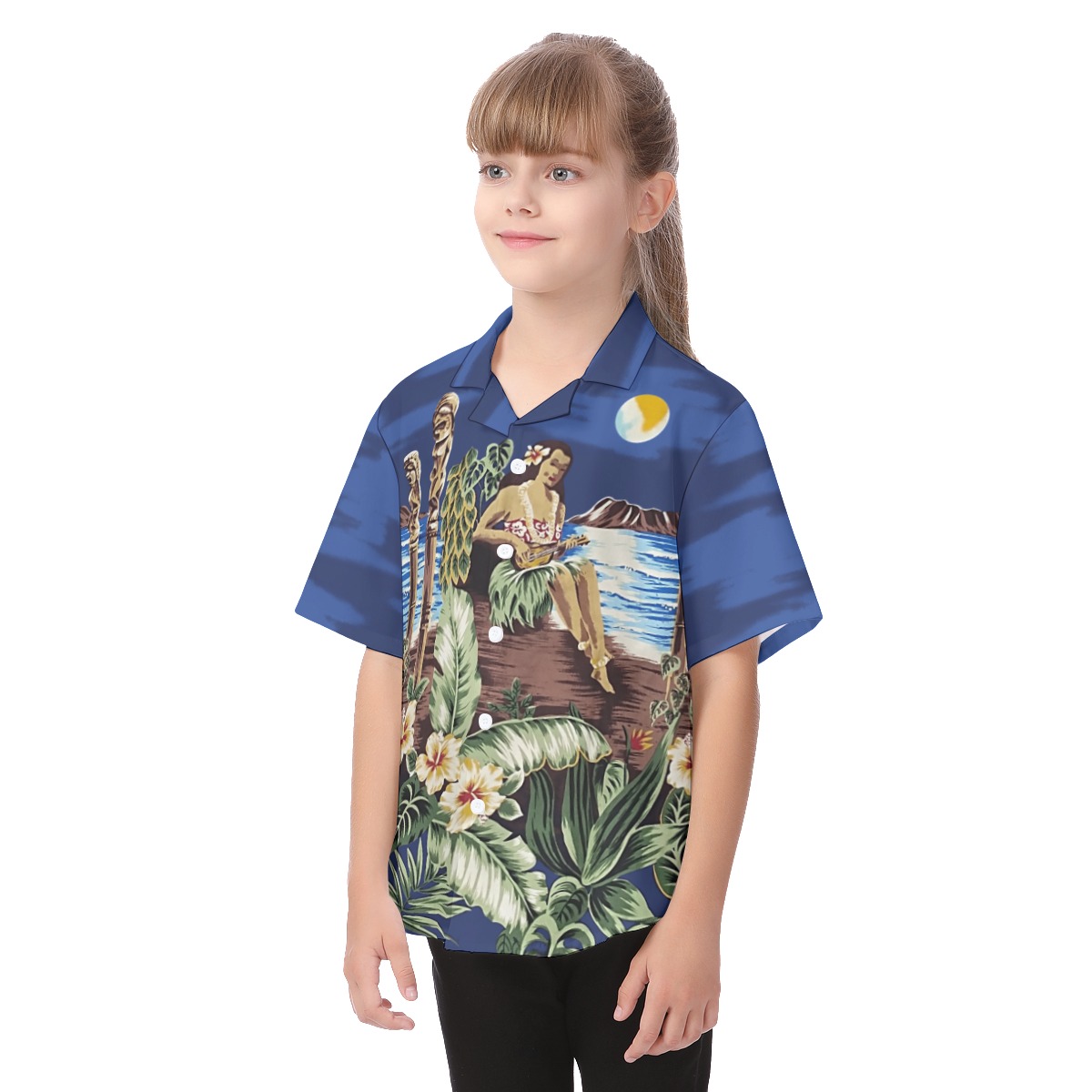 Blue Hula Girl Button Up Aloha Shirt For Kids