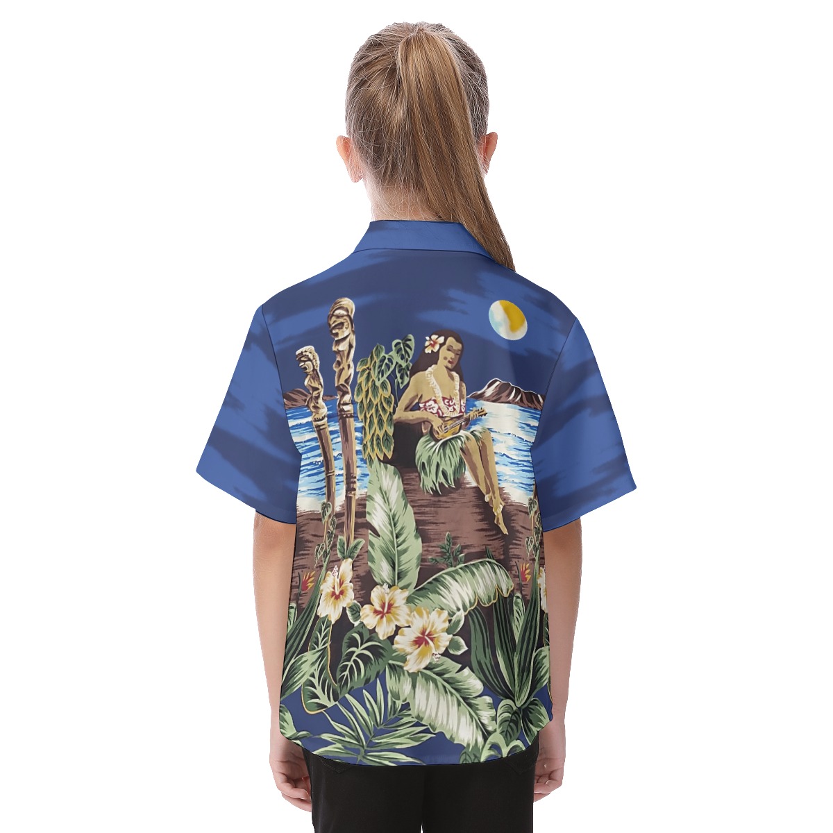 Blue Hula Girl Button Up Aloha Shirt For Kids