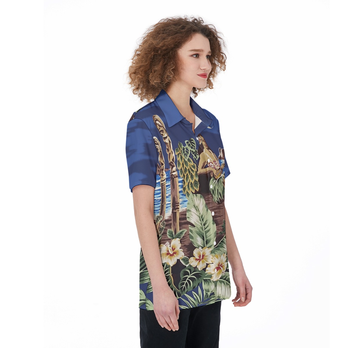 Blue Hula Girl Aloha Shirt For Women