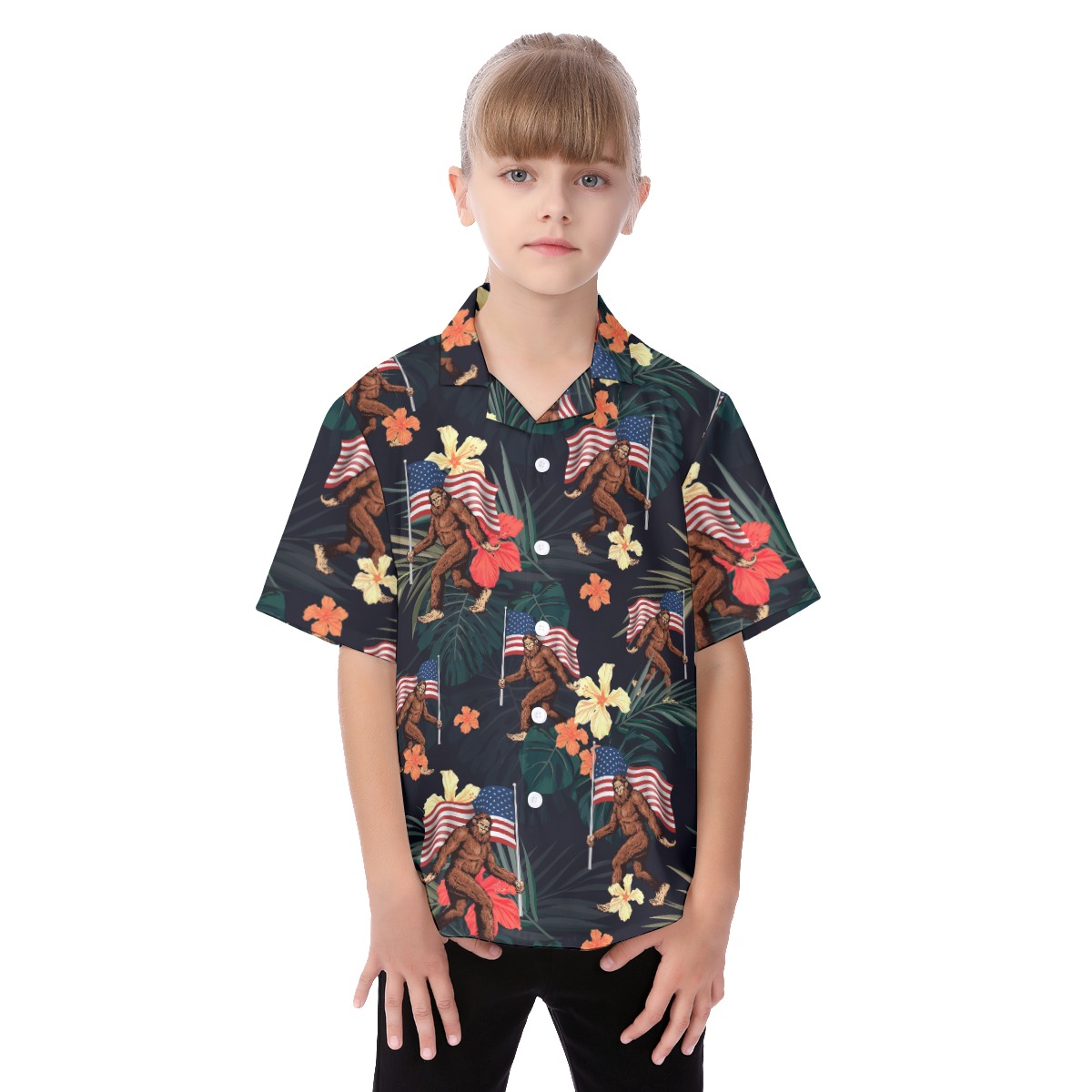 Big Foot American Flag Short Sleeve Hawaiian Shirt For Kids - variant image 1