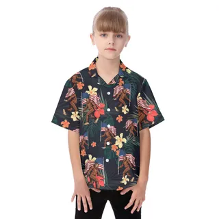 Big Foot American Flag Short Sleeve Hawaiian Shirt For Kids