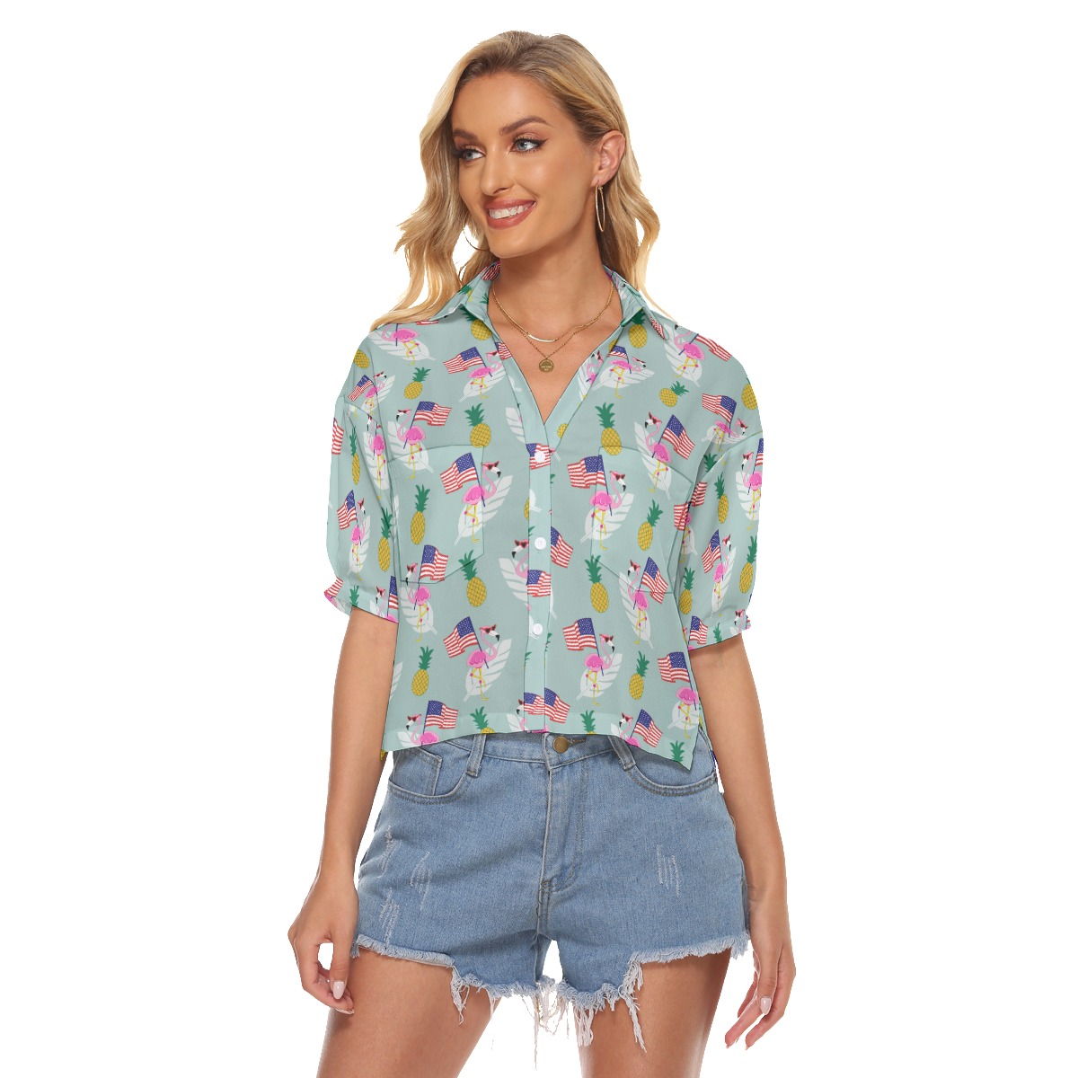 4th Of July Flamingo Hawaiian Crop Top Shirt For Women - variant image 1